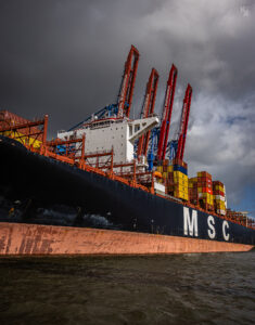 Nochmal das MSC-Schiff vor strammstehenden Hafengiraffen